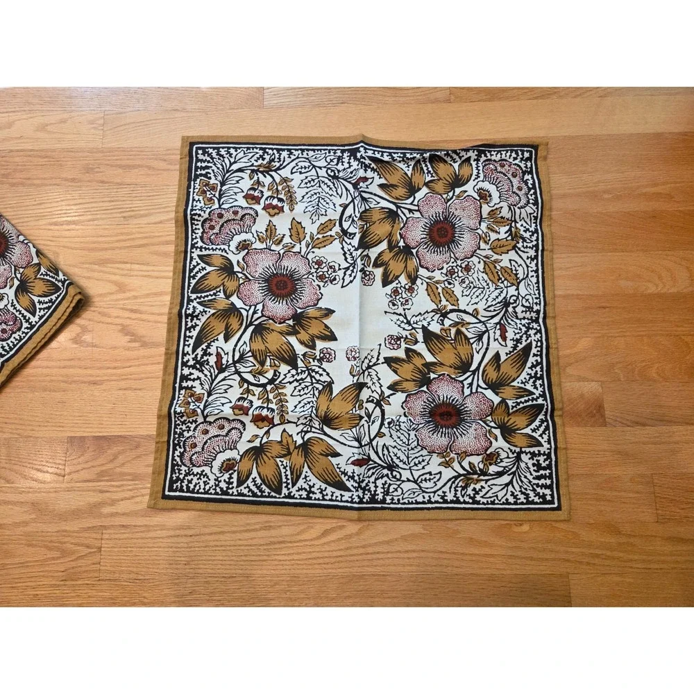 Set 4 Williams Sonoma Gold Brown Floral Block Print Cotton Napkins 20''